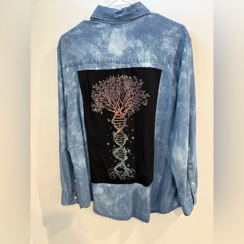 Up Cycled Tree Of Life Blue Denim Shirt - Picture 13 of 14